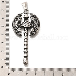 304ステンレススチール製ビッグペンダント  ヴァルクナットチャーム付き斧  アンティークシルバー  67.5x32x6mm  穴：9x4.5mm&nbsp;STAS-G350-44B-AS