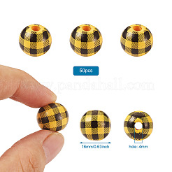 天然木製ビーズ  チェック柄ビーズ  タータン模様  ラウンド  きいろ  5/8インチ（16mm）  穴：4mm&nbsp;WOOD-TAC0010-05M