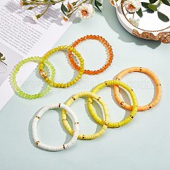 7個7スタイル手作りポリマークレイヘイシサーファーストレッチブレスレットセット  ガラスビーズのブレスレット  女性のための積み重ね可能なプレッピーブレスレット  きいろ  内径：2-1/8インチ（5.3cm）  1個/スタイル&nbsp;BJEW-SW00073-02