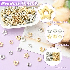 120個 6スタイル CCB プラスチックペンダント  ハート＆星＆フラットラウンドいチャーム  プラチナ·ゴールデン  11~14x10.5~15x4mm  穴：4~4.5mm  20個/スタイル&nbsp;CCB-YW0001-84