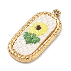 304ステンレススチールと布製のペンダント  楕円形の刺繍入り花柄チャーム  ゴールドカラー  きいろ  32x14.5x3.5mm  穴：1.6mm&nbsp;STAS-I369-10G-05