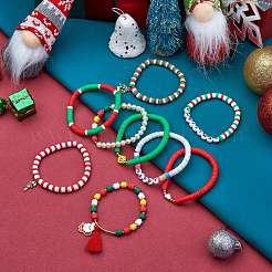 9Pcs 9 Style Word Happy Christmas Handmade Polymer Clay Heishi Surfer Stretch Bracelets Set with Acrylic Pearl&nbsp;sgBJEW-SW00070