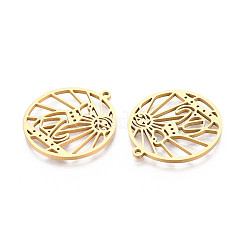 中空 304 ステンレス ペンダント  狼とフラットラウンド  ゴールドカラー  26x24x1mm  穴：1.6mm&nbsp;STAS-T070-02G