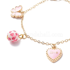 Word Love ハート バタフライ 合金 エナメル チャーム ブレスレット 樹脂ビーズ付き  女性のためのバレンタインテーマジュエリー.  ピンク  6-3/4インチ（17.2cm）&nbsp;BJEW-JB08677