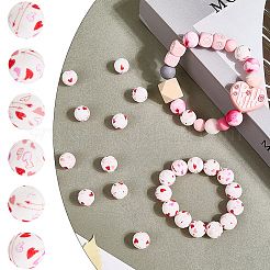 30Pcs Printed Round with Heart Pattern Silicone Focal Beads&nbsp;SIL-SC0002-84F