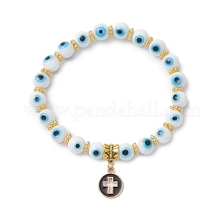 Flat Round with Cross Alloy Enamel Charm Bracelets&nbsp;BJEW-JB12269-02