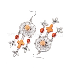Woven Web/Net with Cross & Skull Synthetic Turquoise Dangle Earrings&nbsp;EJEW-JE05865-03