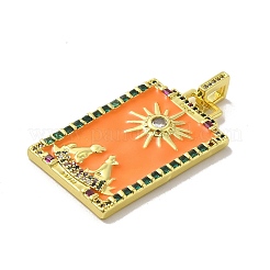 エナメルを使用した真鍮マイクロパヴェキュービックジルコニアペンダント  タロット  ダークオレンジ  39x22.5x3mm  穴：5x3mm&nbsp;KK-H458-03G-07