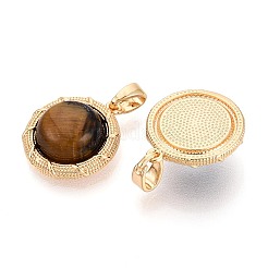 天然石タイガーアイペンダント  真鍮のフラットラウンドいチャーム  18KGP本金メッキ  17x15x6mm  穴：4.5x3mm&nbsp;KK-N287-21G