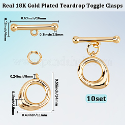 真鍮トグル留め具10セット  カドミウムフリー＆ニッケルフリー＆鉛フリー  ティアドロップ  18KGP本金メッキ  ティアドロップクラスプ: 14x11x2.5mm  穴：6mm  tクラスプ：4x16x2.5mm&nbsp;KK-BBC0025-38