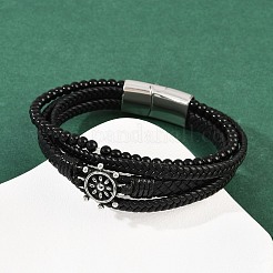 マイクロファイバーレザーとガラスのマルチ連ブレスレット（男性・女性用）  304ステンレススチール製マグネット留め具付き  アンカー＆舵  8-3/4インチ（22.1cm）&nbsp;BJEW-H631-04A-AS