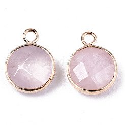 天然石ローズクォーツペンダント  ライトゴールドトーン真鍮エッジ  多面カット  フラットラウンド  18x13.5x6mm  穴：2mm&nbsp;G-T131-101G