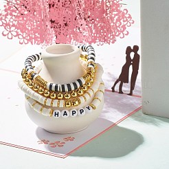 4個4スタイルポリマークレイヘイシビーズストレッチブレスレットセット合成ヘマタイト  女性のためのハッピーワードプレッピーブレスレット  ゴールドカラー  内径：2-1/4インチ（5.8cm）&nbsp;BJEW-JB07592