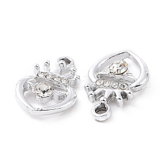 合金ラインストーンペンダント  プラチナトーンのクラウンハートチャーム  クリスタル  20x13x4mm  穴：2mm&nbsp;ALRI-C008-14P