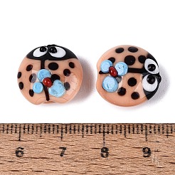 手作りランプワークビーズ  てんとう虫と花  桃パフ  15.5~16.5x9~11mm  穴：1.4~1.8mm&nbsp;LA-N050-05B