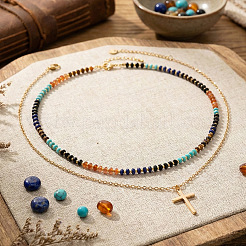 Stainless Steel Religion Cross Pendant Colorful Natural Mixed Gemstone Rondelle Beaded Double Layer Necklaces for Women&nbsp;TF5926