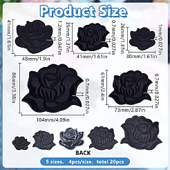20個 5スタイル ローズシェイプ 布アイロン刺繍パッチ  ミシンクラフト装飾  ブラック  26~86x30~104x0.7~1.2mm  4個/スタイル&nbsp;PATC-HY0001-79