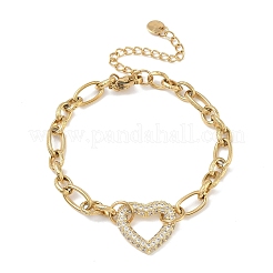 304ステンレススチールラインストーンリンクブレスレット  女性用フィガロチェーンブレスレット  ハート  7.17インチ（18.2cm）&nbsp;BJEW-P396-01D-G