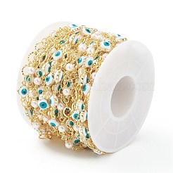 手作りのエナメルビーズチェーン  プラスチックの模造真珠と真鍮の織り目加工のパーツ  ハンダ付け  スプールで  長持ちメッキ  ナザールボンジュウ付きクロス  ゴールドカラー  11x6.5x4mm  13x4mm  6.5x5x0.6mm  32.8フィート（10m）/ロール&nbsp;CHC-M021-65G