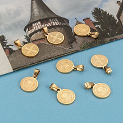 イオンプレーティング（IP）フラットラウンド、サンベニート＆ワード304ステンレススチールチャーム付き  ゴールドカラー  15x12x1.2mm  穴：4x6.5mm&nbsp;STAS-I036-03A