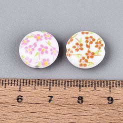 印刷された不透明なアクリルビーズ  花付きフラットラウンド  ミックスカラー  13.5x5.5mm  穴：2mm&nbsp;OACR-Q200-12