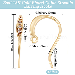 真鍮製ピアスフック8組  クリアキュービックジルコニアと水平ループ付き  18KGP本金メッキ  17x10x2mm  穴：1mm  ピン：0.5mm&nbsp;KK-BBC0027-65G