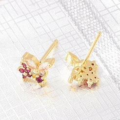 真鍮製 マイクロパヴェ キュービックジルコニア スタッドピアス 女性用  蝶  カドミウムフリー＆鉛フリー  長持ちメッキ  ラックめっき  18KGP本金メッキ  赤ミディアム紫  7.5x8mm&nbsp;KK-A305-07G-01