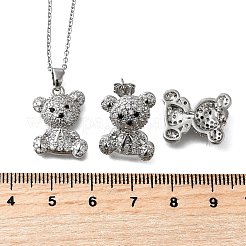 クマ真鍮マイクロパヴェキュービックジルコニアスタッドピアス＆ペンダントネックレスセット  カドミウムフリー＆鉛フリー  長持ちメッキ  ラックめっき  プラチナ  17.71インチ（45cm）&nbsp;SJEW-Z002-01P