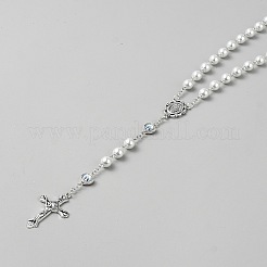 Jesus Cross Virgin Zinc Alloy Pendant Glass Pearl Round Rosary Bead Necklaces for Women Men&nbsp;NJEW-WH0022-21
