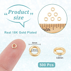 304ステンレススチールオープン丸カン500個  丸いリング  DIYジュエリークラフトおよびキーホルダーアクセサリー用の金属コネクター  18KGP本金メッキ  20ゲージ  4x0.8mm  内径：2.4mm  500個/セット&nbsp;STAS-UN0062-97