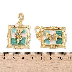 真鍮ランダムカラーガラスペンダント  花の長方形  ABSイミテーションパール＆エナメル＆ループ付き  18KGP本金メッキ  33.5x26.5x7.5mm  穴：5.5x5mm&nbsp;KK-Q030-05B-G