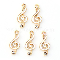 合金エナメルチャーム  クリスタルラインストーン付き  音符  ライトゴールド  ホワイト  22x10x2mm  穴：1.6mm&nbsp;X-ENAM-S121-021B