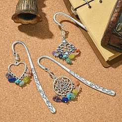3Pcs 3 Style Fleur-de-lis/Woven Net/Heart Alloy Pendant Bookmark with Chakra Gemstone Chips&nbsp;AJEW-TA00008