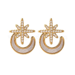 Star with Moon Brass Micro Pave Clear Cubic Zirconia Stud Earrings&nbsp;KK-D363-18G