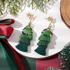 201ステンレススチールスタッドピアス  ガラスビーズとポリコットンのタッセル付き  クリスマスツリー  グリーン  ゴールドカラー  55x25mm&nbsp;EJEW-TA00545