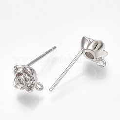 真鍮キュービックジルコニアスタッドピアスパーツ  カン付き  花  透明  ニッケルフリー  プラチナメッキ  6.5x6.5mm  穴：0.5mm  ピン：0.7mm&nbsp;X-KK-S350-012P