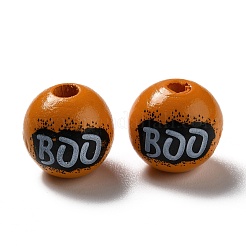 ハロウィーン スプレー塗装ウッド ビーズ  単語ブーでラウンド  ダークオレンジ  15.5~16x14.5~15mm  穴：4mm&nbsp;WOOD-C002-04