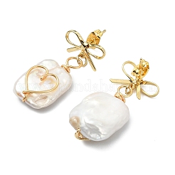 Brass & Natural Baroque Pearl Keshi Pearl Stud Dangle Earrings&nbsp;EJEW-JE07097