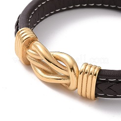 イオンプレーティング（IP）304ステンレススチールインターロッキングコントリンクブレスレット  男性女性のための磁気バックル付きマイクロファイバーレザーコードパンクブレスレット  ゴールドカラー  8-1/2インチ（21.6cm）&nbsp;BJEW-G658-01G