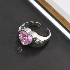 真鍮製パヴェキュービックジルコニアカフオープンリング（女性用）  ハート  ガラスと  長持ちメッキ  ラックめっき  プラチナ  ピンク  11mm  usサイズ7 3/4(17.9mm)&nbsp;RJEW-L343-08P-02
