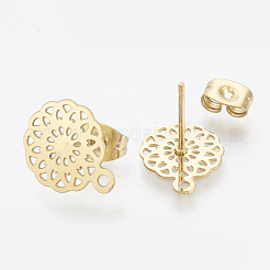 304ステンレススチールスタッドピアス金具  カン付き  花  ゴールドカラー  13x10.5mm  穴：1mm  ピン：0.7mm&nbsp;X-STAS-S079-36A