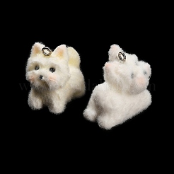 フロック加工された不透明樹脂ペンダント  犬のチャーム  プラチナ製の鉄製ループリング  ホワイト  20.5~27.5x17~28.5x19~31mm  穴：2mm&nbsp;RE-CBA0E35-01P