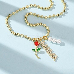 Mother's Day Brass Micro Pave Clear Cubic Zirconia Enamel Red Rose Flower Mama Pendant Necklaces for Women&nbsp;NJEW-A071-02G