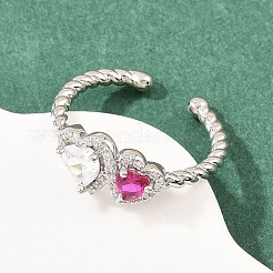 女性用真鍮マイクロパヴェキュービックジルコニアカフオープンリング  ハート  ラックめっき  長持ちメッキ  カドミウムフリー＆鉛フリー  プラチナ  ミックスカラー  usサイズ7 1/4(17.5mm)&nbsp;RJEW-C153-04P-02