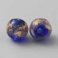 手作りゴールドパウダー入りランプワークビーズ  ラウンド  ブルー  9~10x9.5mm  穴：1.6mm&nbsp;LAMP-WH0011-03B-01
