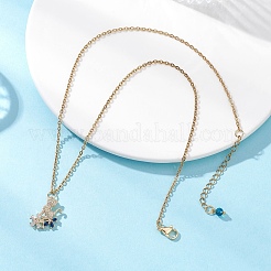 Cat with Flower Brass Pave Blue and Clear Cubic Zirconia Pendant 304 Stainless Steel Cable Chain Necklaces for Women&nbsp;NJEW-JN05715