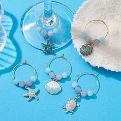 カメ/ヒトデ/シェル合金エナメルワイングラスチャーム  フープピアスと天然翡翠/マレーシアジェイドビーズ付き  混合図形  45~54mm  内径：23mm&nbsp;AJEW-JO00200