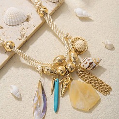ボヘミアン合金チェーン＆ラウンドCCBプラスチック＆天然シェルペンダントコットンコードビブネックレス（女性用）  カラフル  ゴールドカラー  19.69インチ（50cm）&nbsp;FS-WGD6F52-01