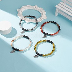 天然の龍脈瑪瑙と溶岩のストレッチ ブレスレット、合金リーフ チャーム付き  女性のためのアクセサリー用原石のアクセサリー  ミックスカラー  内径：2-1/2インチ（6.5cm）&nbsp;BJEW-JB08651