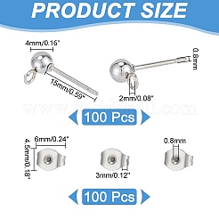 304ステンレススチールボールスタッドピアス金具  カン付き  イヤーナッツとボックスコンテナ  ステンレス鋼色  6.8x5.2x1.1cm  200個/箱&nbsp;STAS-UN0001-75P